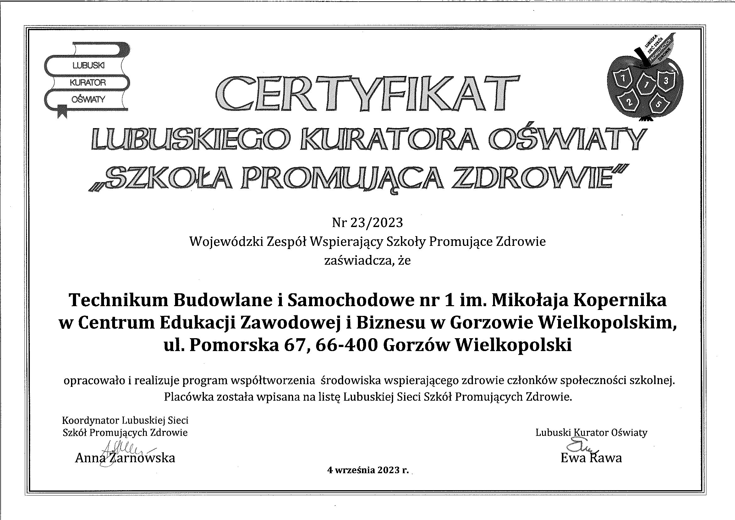 Certyfikat szkoła promująca zdrowie